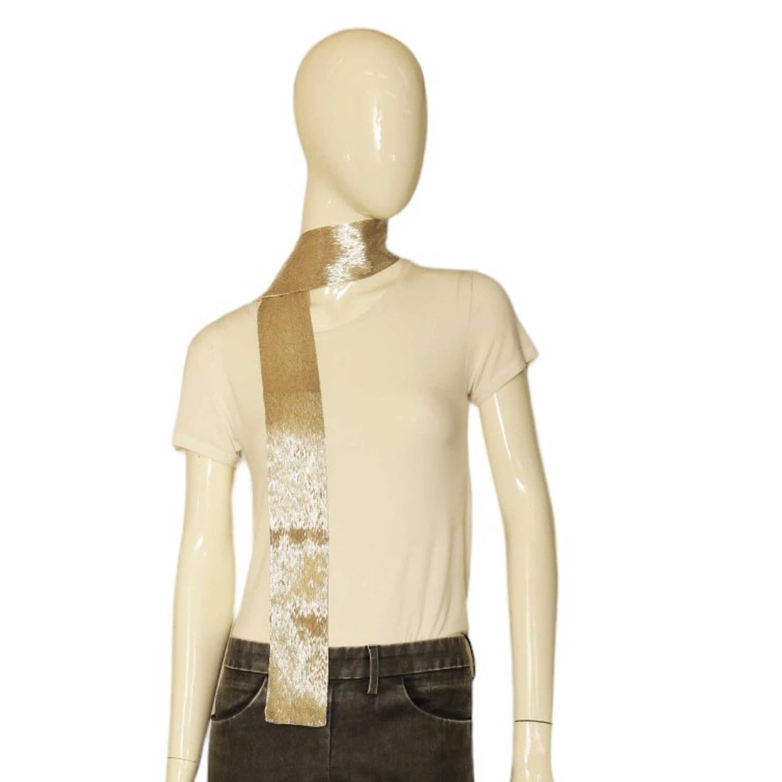 Chloe Silk Fully Sequined Shiny Beige Narrow Long Foulard Scarf Shawl - 6