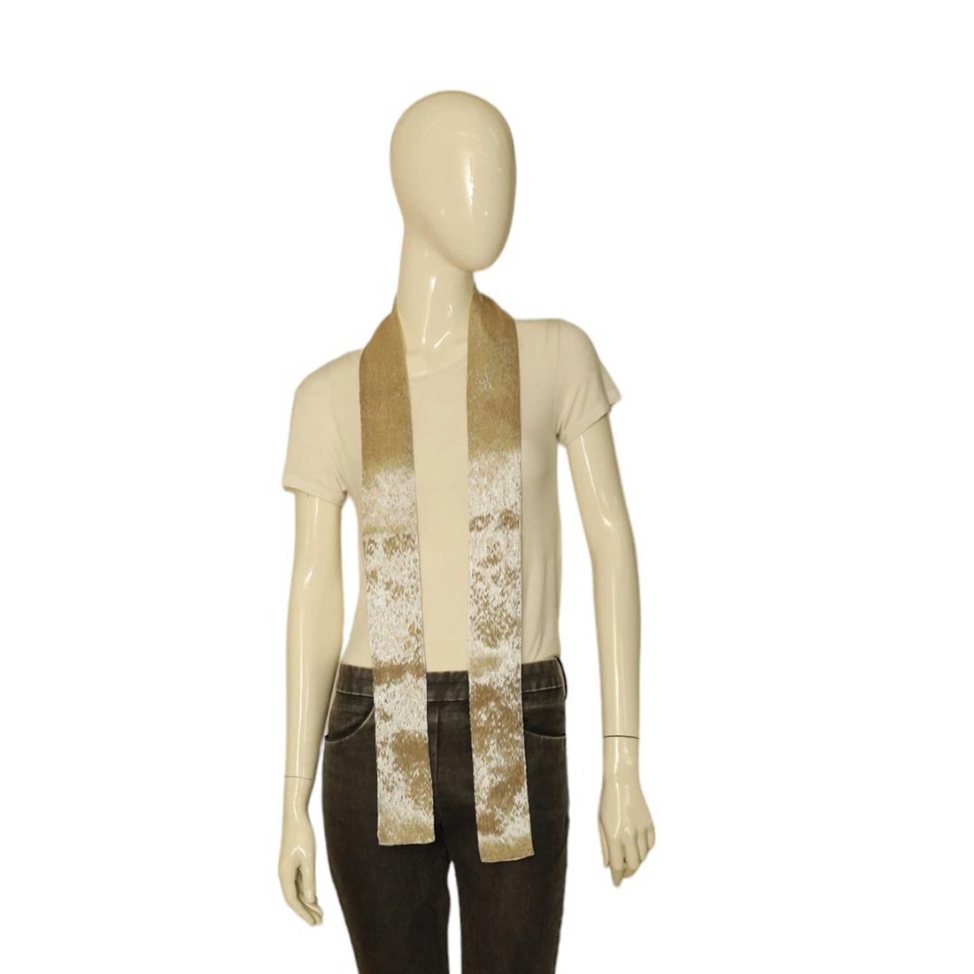 Chloe Silk Fully Sequined Shiny Beige Narrow Long Foulard Scarf Shawl - 7