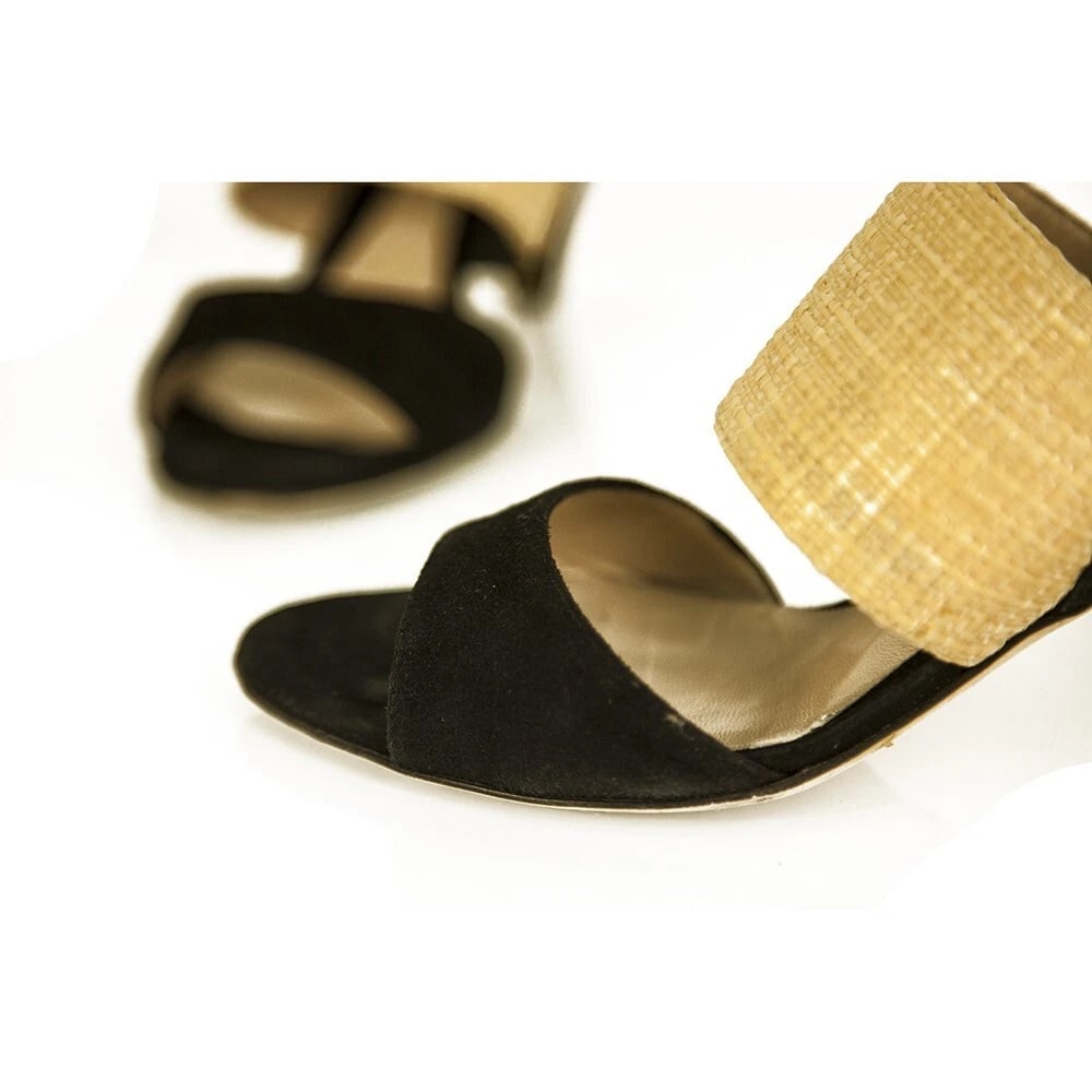 Fendi Black Suede Beige Raffia Open Toe Sandals Shoes Slingback Heels size 39 - 10