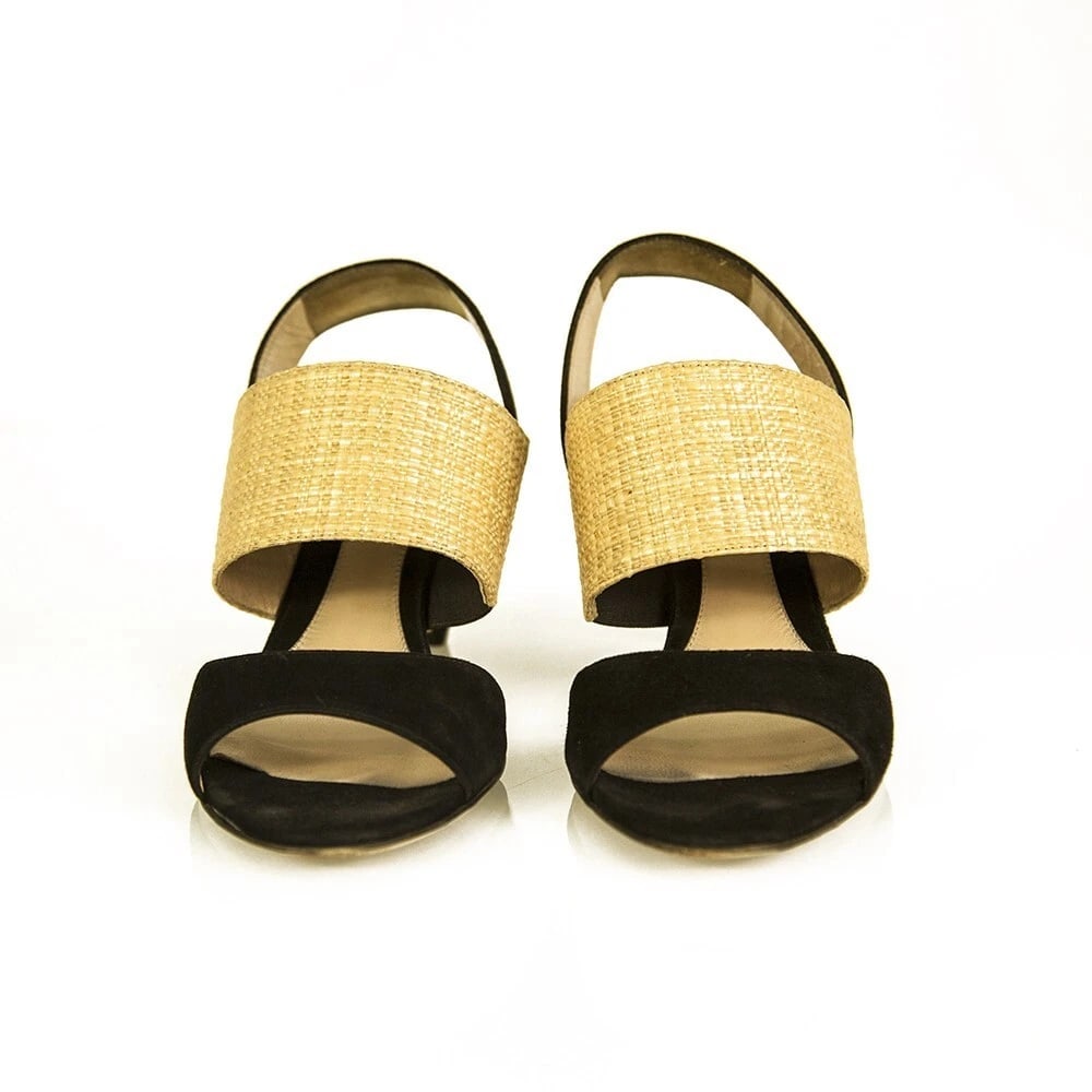 Fendi Black Suede Beige Raffia Open Toe Sandals Shoes Slingback Heels size 39 - 2