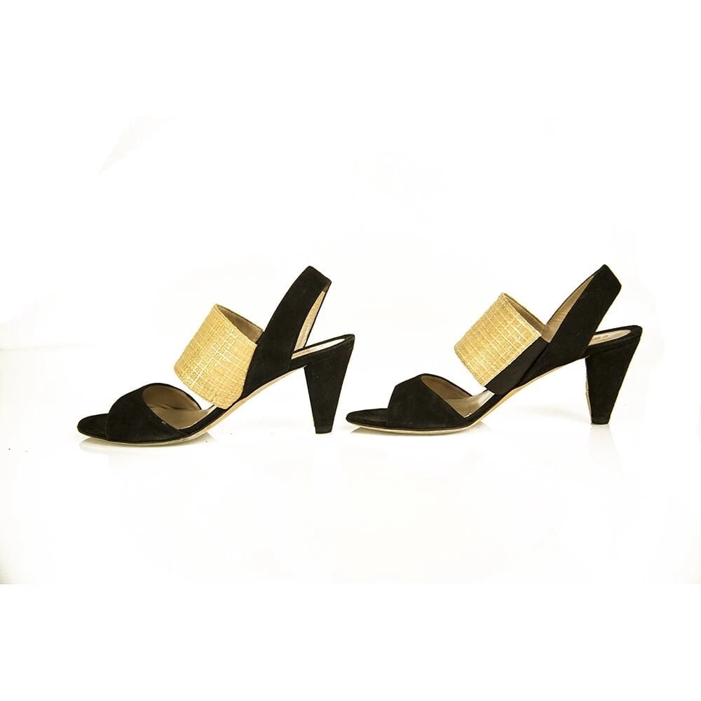 Fendi Black Suede Beige Raffia Open Toe Sandals Shoes Slingback Heels size 39 - 4