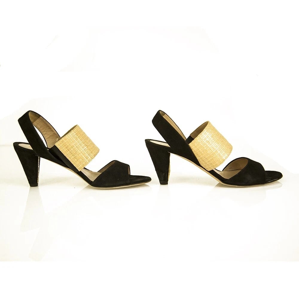 Fendi Black Suede Beige Raffia Open Toe Sandals Shoes Slingback Heels size 39 - 5