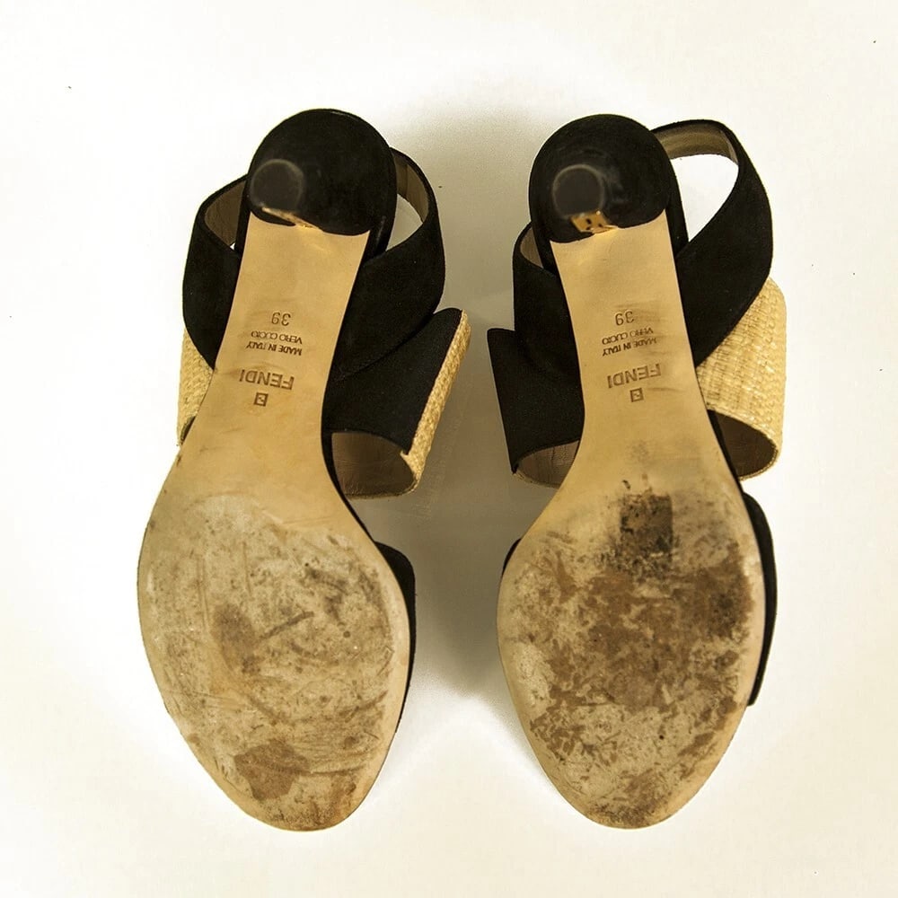 Fendi Black Suede Beige Raffia Open Toe Sandals Shoes Slingback Heels size 39 - 6