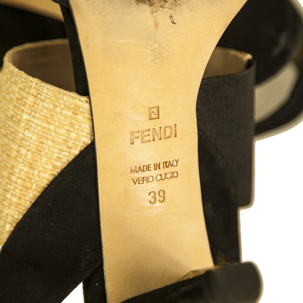 Fendi Black Suede Beige Raffia Open Toe Sandals Shoes Slingback Heels size 39 - 7