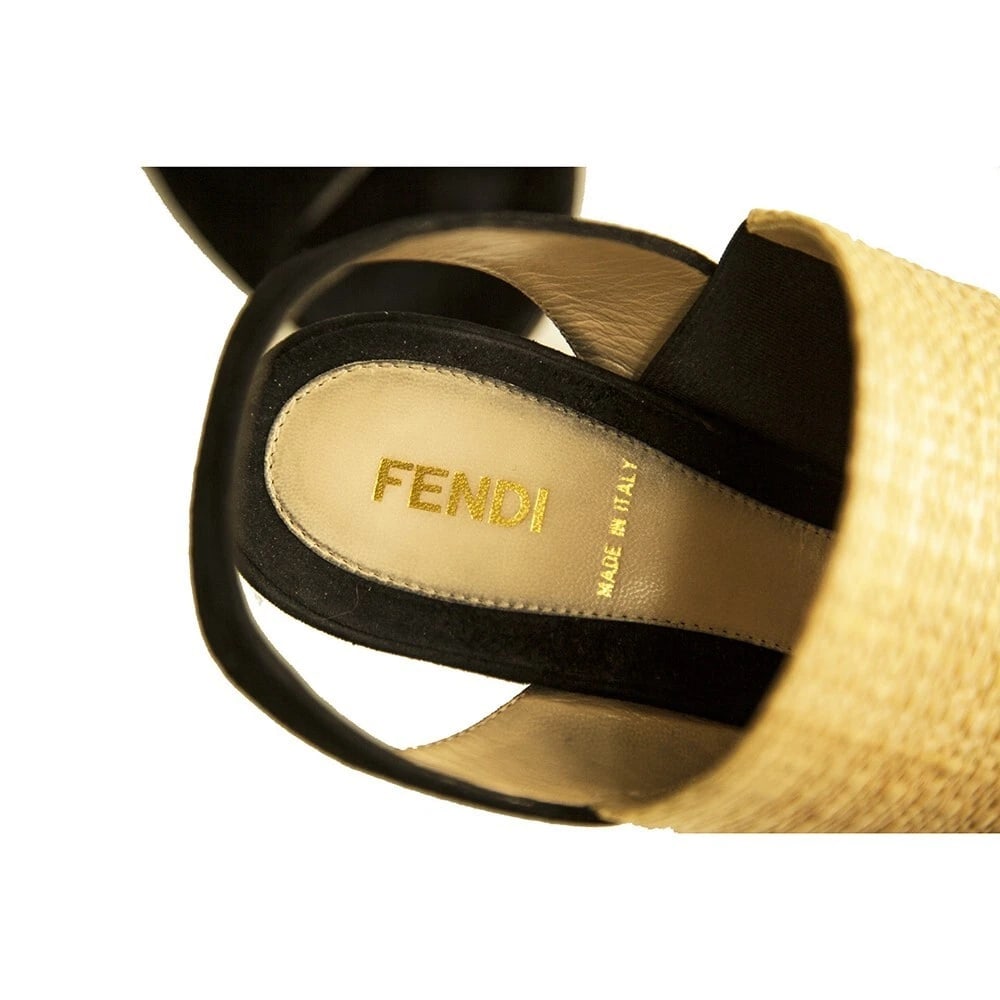 Fendi Black Suede Beige Raffia Open Toe Sandals Shoes Slingback Heels size 39 - 8