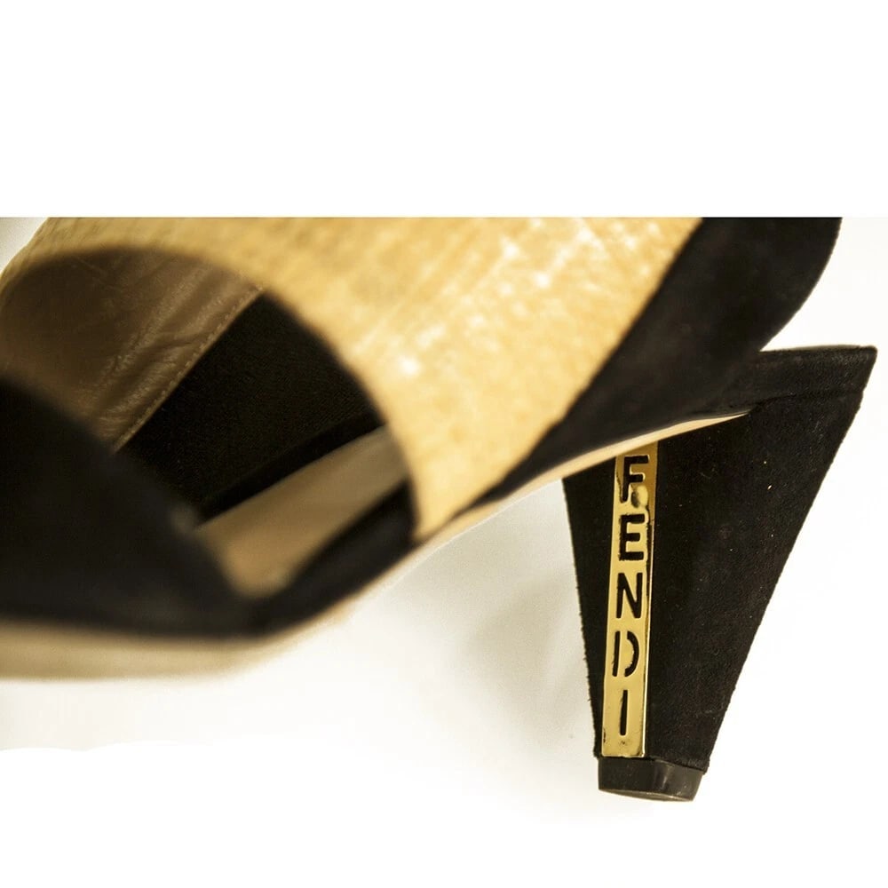 Fendi Black Suede Beige Raffia Open Toe Sandals Shoes Slingback Heels size 39 - 9