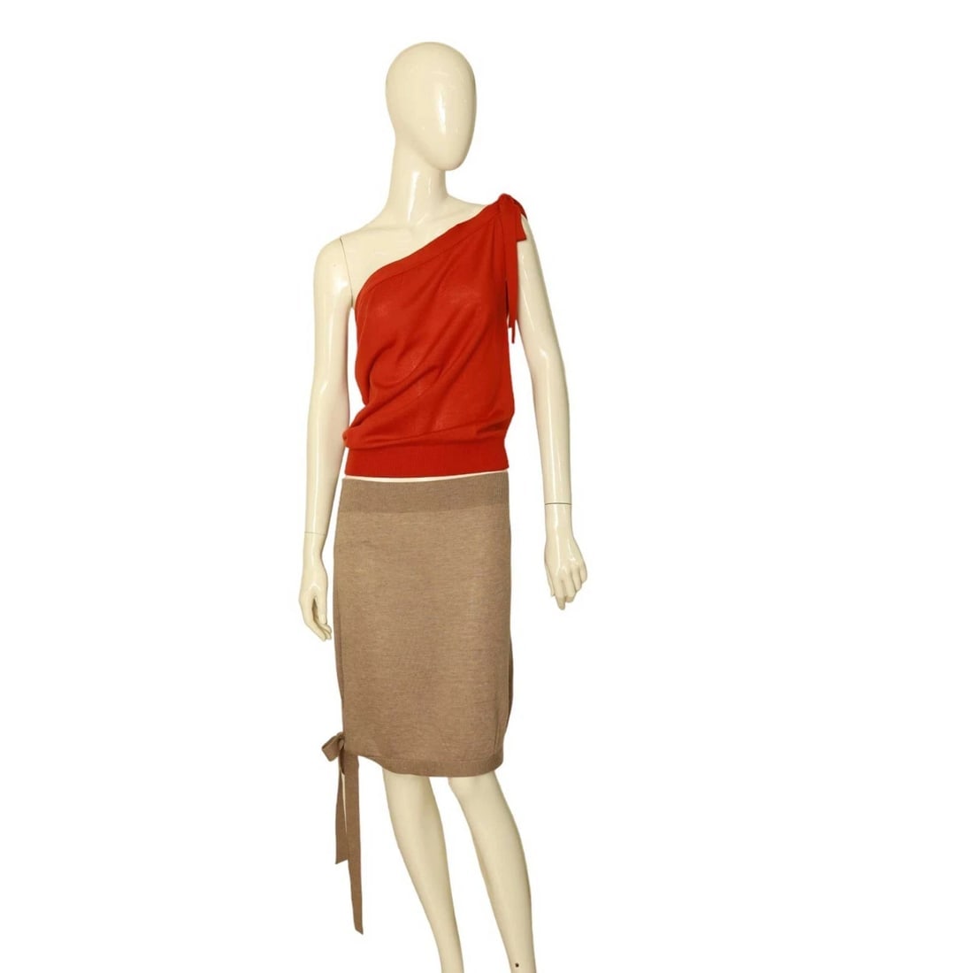Tomas Maier Red & Beige 100% Cashmere knit Convertible Top & Skirt size 36 / 38 - 7