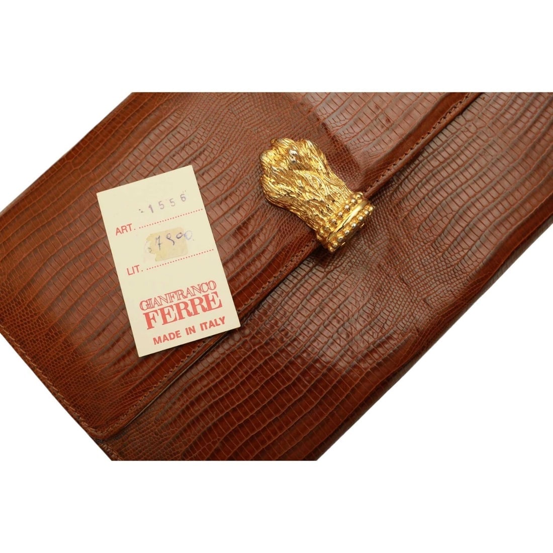 Gianfranco Ferre Brown Lizard Leather Flap Top Clutch Bag Goldtone Lion Paw - 10
