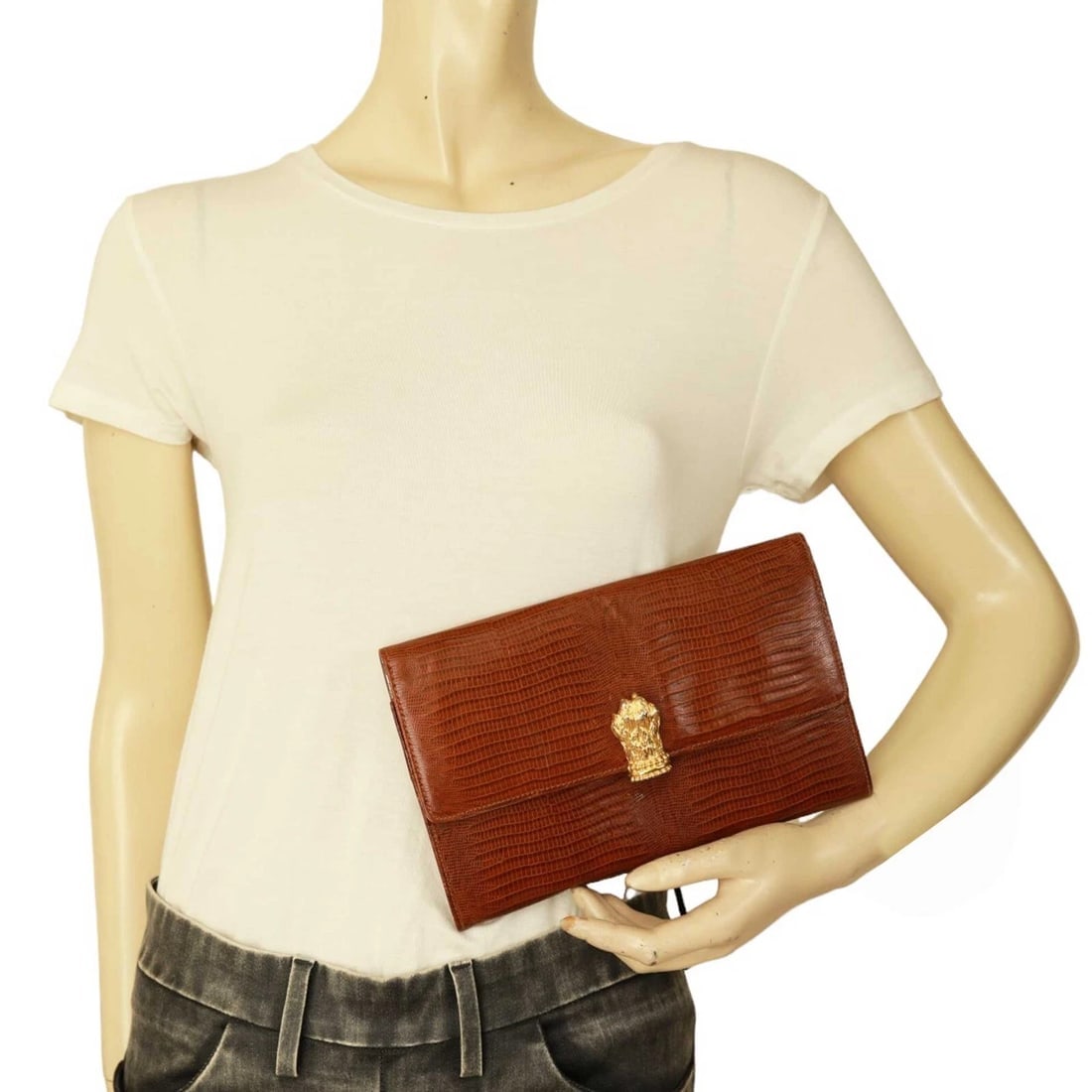 Gianfranco Ferre Brown Lizard Leather Flap Top Clutch Bag Goldtone Lion Paw - 12