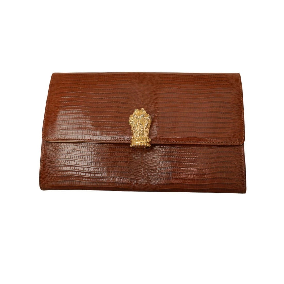 Gianfranco Ferre Brown Lizard Leather Flap Top Clutch Bag Goldtone Lion Paw: Title:Gianfranco Ferre Brown Lizard Leather Flap Top Clutch Bag Goldtone Lion Paw Description:Gianfranco Ferre Brown Lizard Leather Flap Top Clutch Bag Goldtone Lion Paw Get ready for a lux and eye