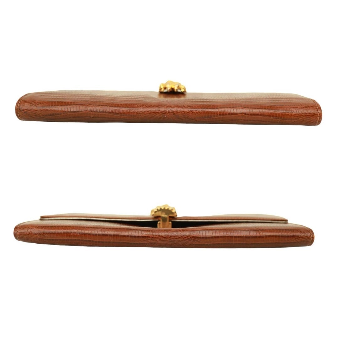 Gianfranco Ferre Brown Lizard Leather Flap Top Clutch Bag Goldtone Lion Paw - 4