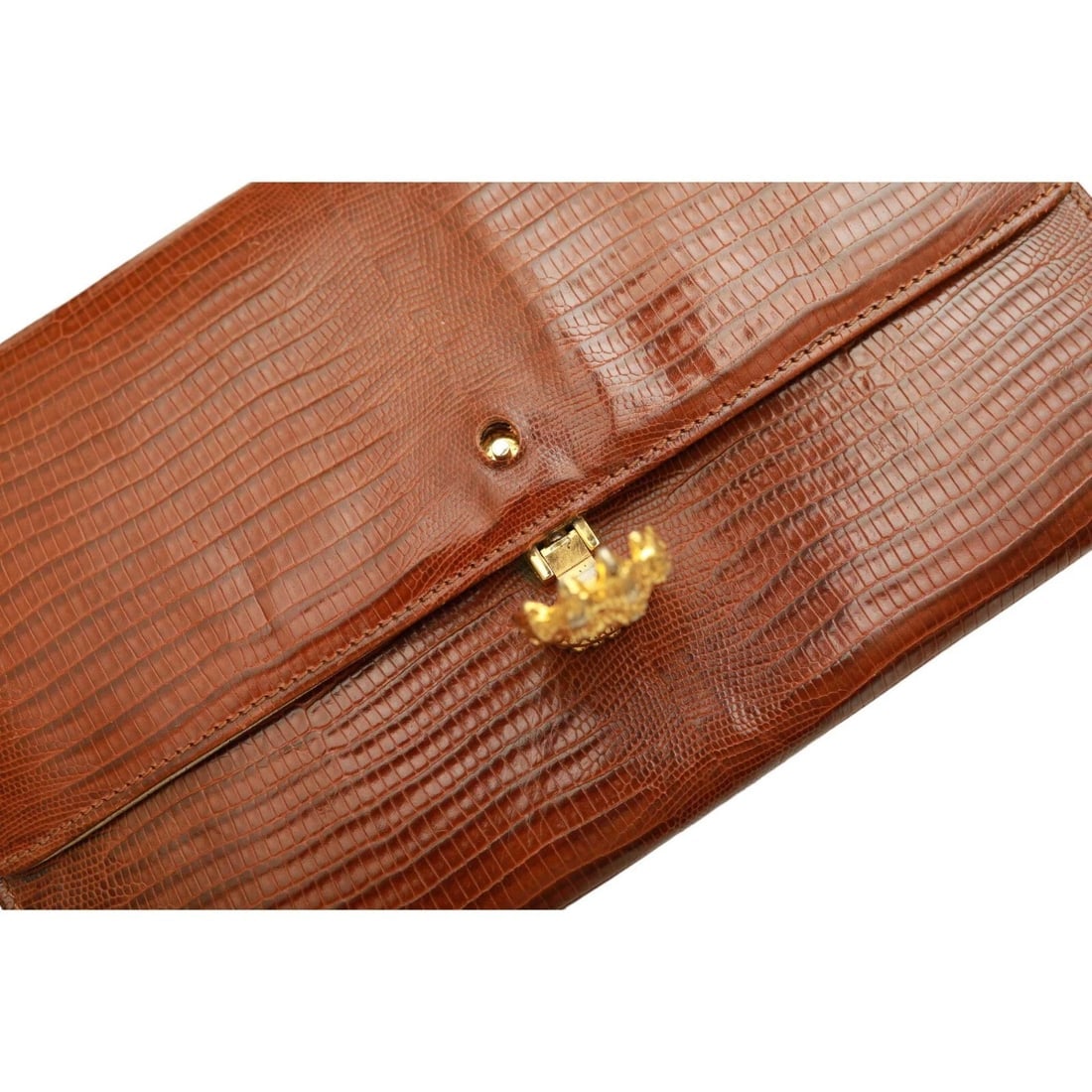 Gianfranco Ferre Brown Lizard Leather Flap Top Clutch Bag Goldtone Lion Paw - 9