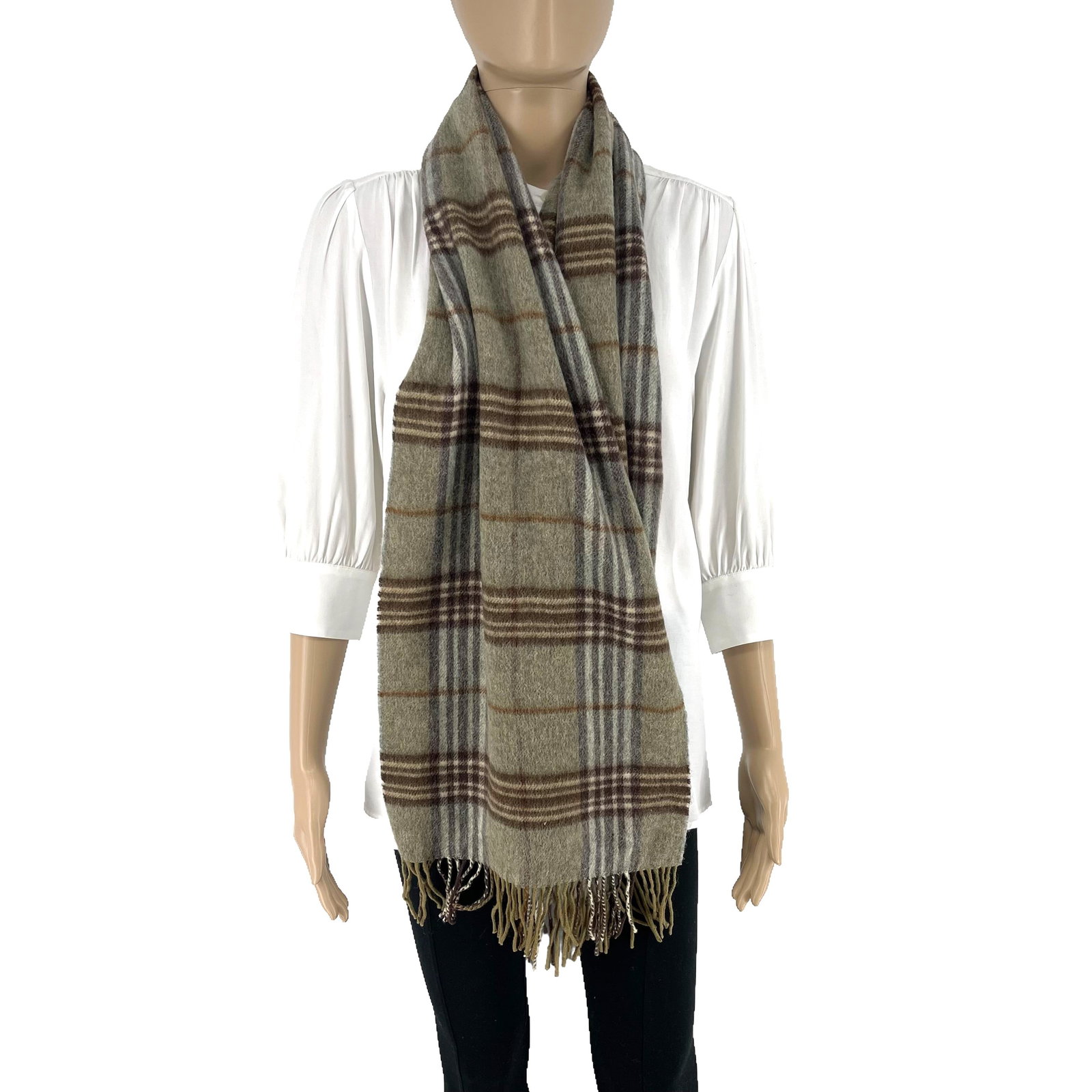 Burberry Greyish Green Plaid 50% Cashmere 50% Wool Scarf - 3