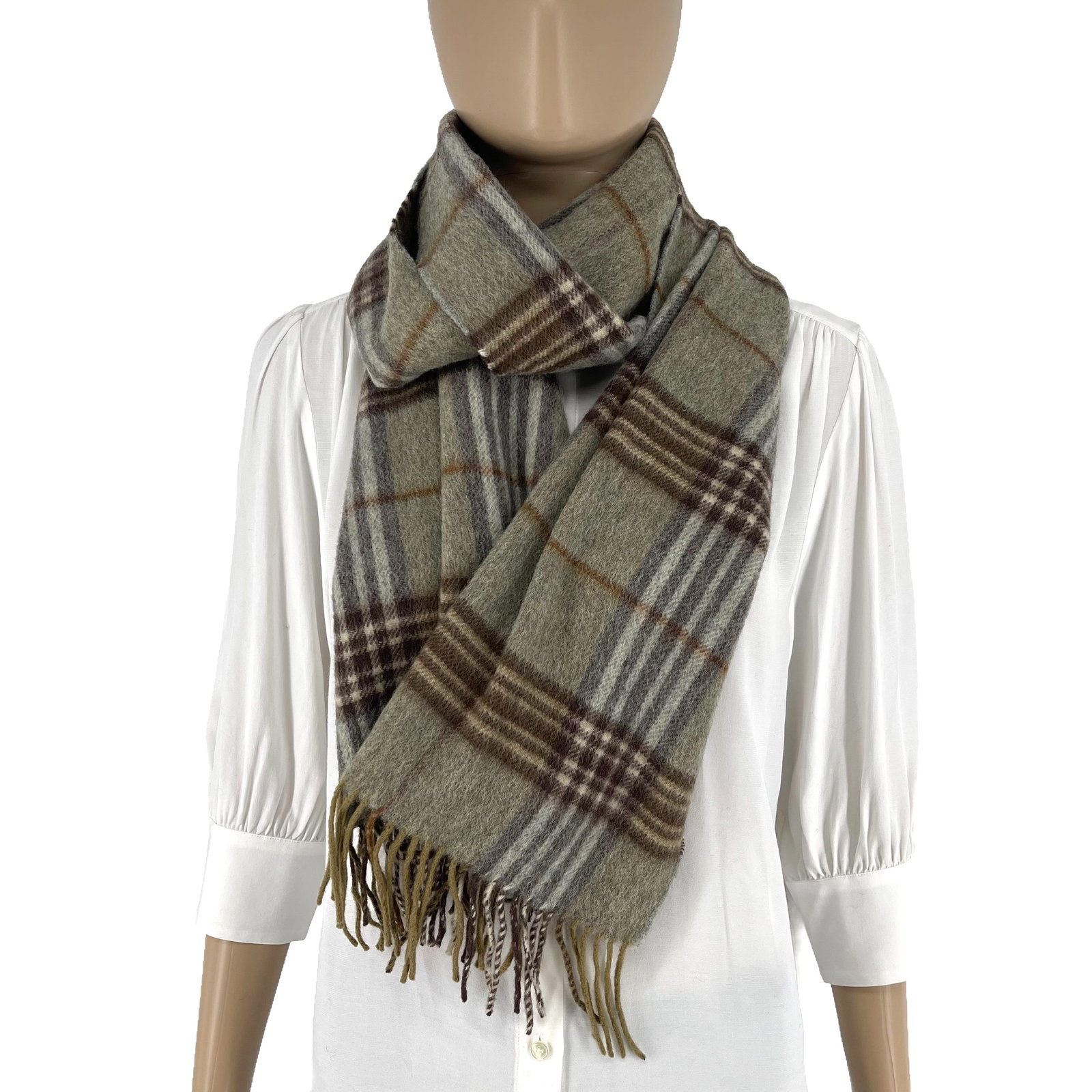 Burberry Greyish Green Plaid 50% Cashmere 50% Wool Scarf - 4