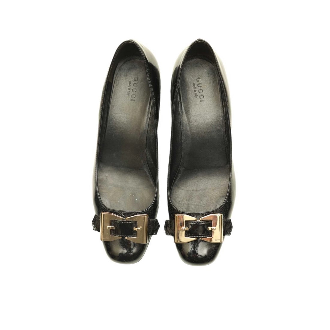 Gucci Black Patent Leather Gold Tone Bow Buckle Low Heel Pumps Shoes size 37.5 (1 of 10)