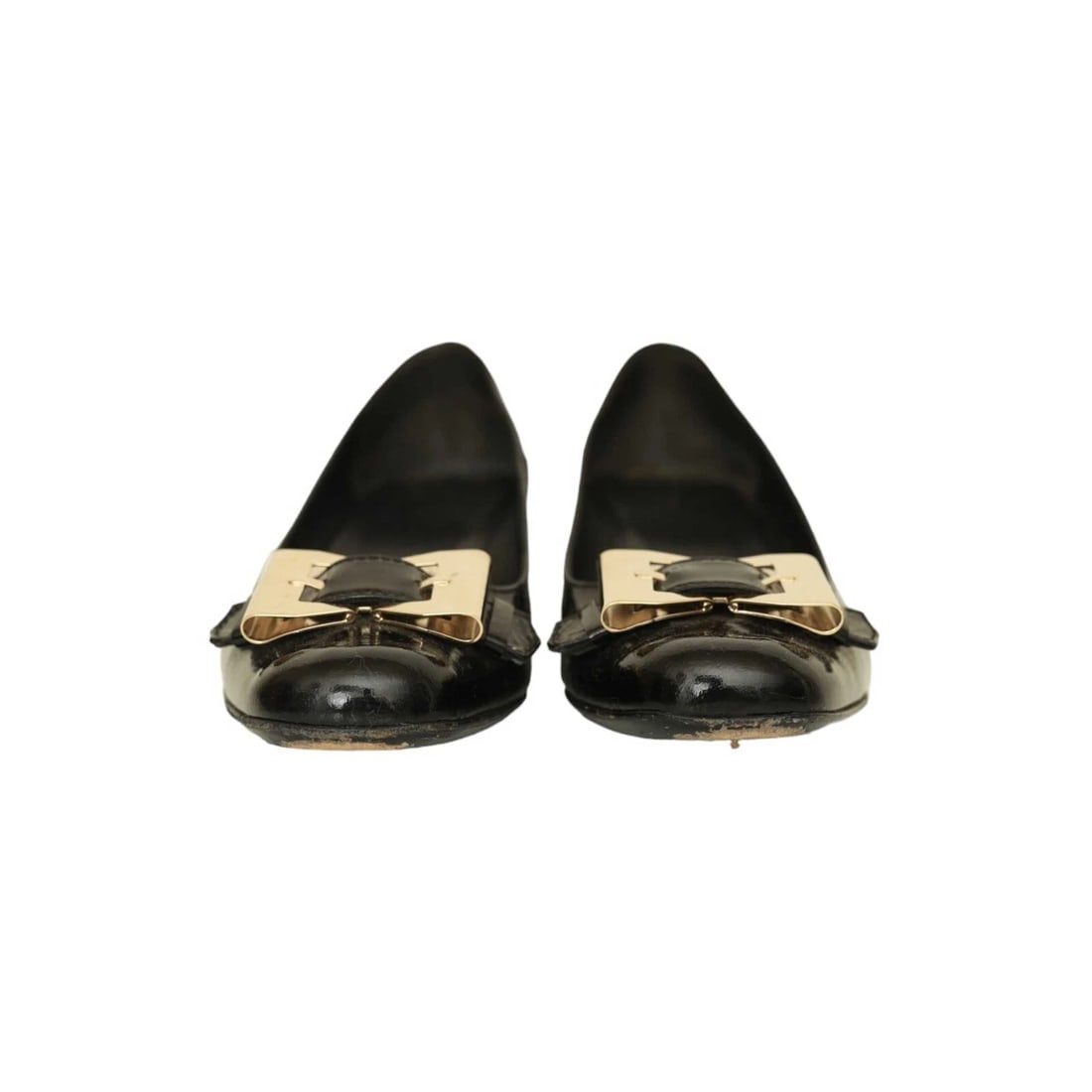 Gucci Black Patent Leather Gold Tone Bow Buckle Low Heel Pumps Shoes size 37.5 - 4