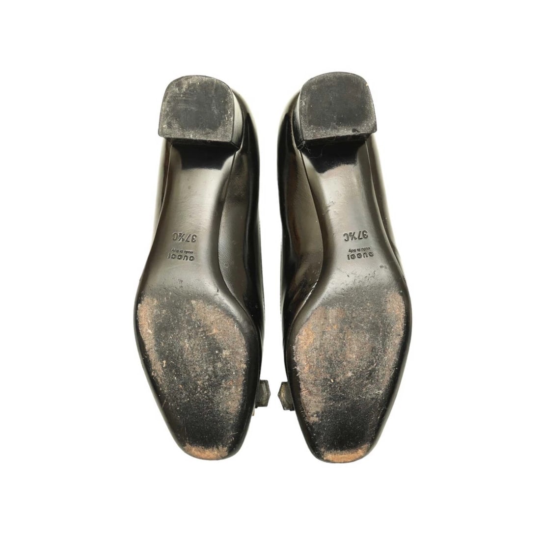 Gucci Black Patent Leather Gold Tone Bow Buckle Low Heel Pumps Shoes size 37.5 - 8