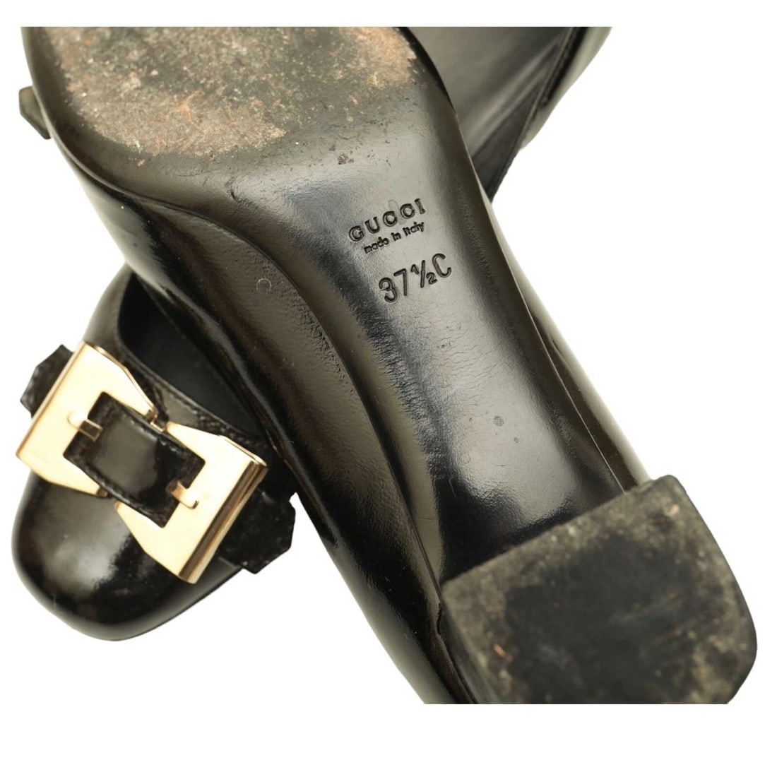 Gucci Black Patent Leather Gold Tone Bow Buckle Low Heel Pumps Shoes size 37.5 - 9