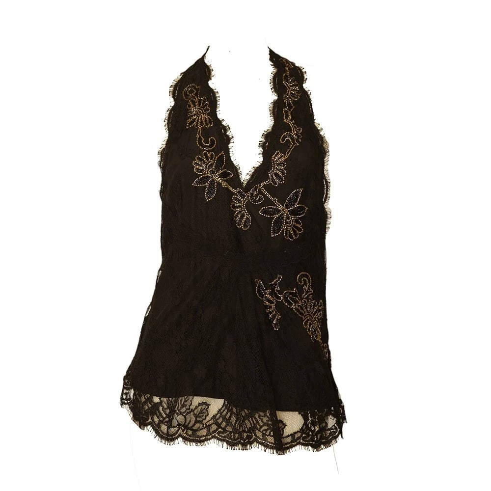 Temperley Black Lace Floral Beaded Halter Neck Open Back Sleeveless Top sz UK 10 - 10
