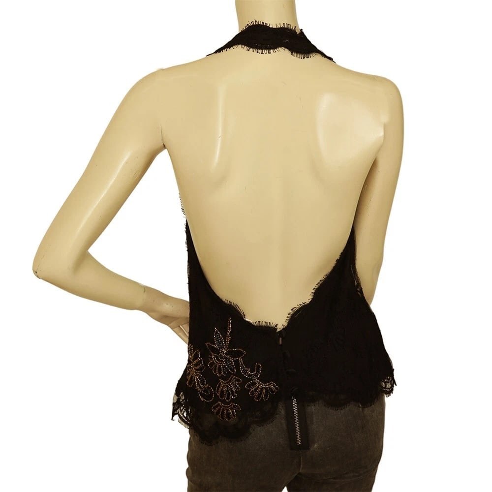 Temperley Black Lace Floral Beaded Halter Neck Open Back Sleeveless Top sz UK 10 - 2