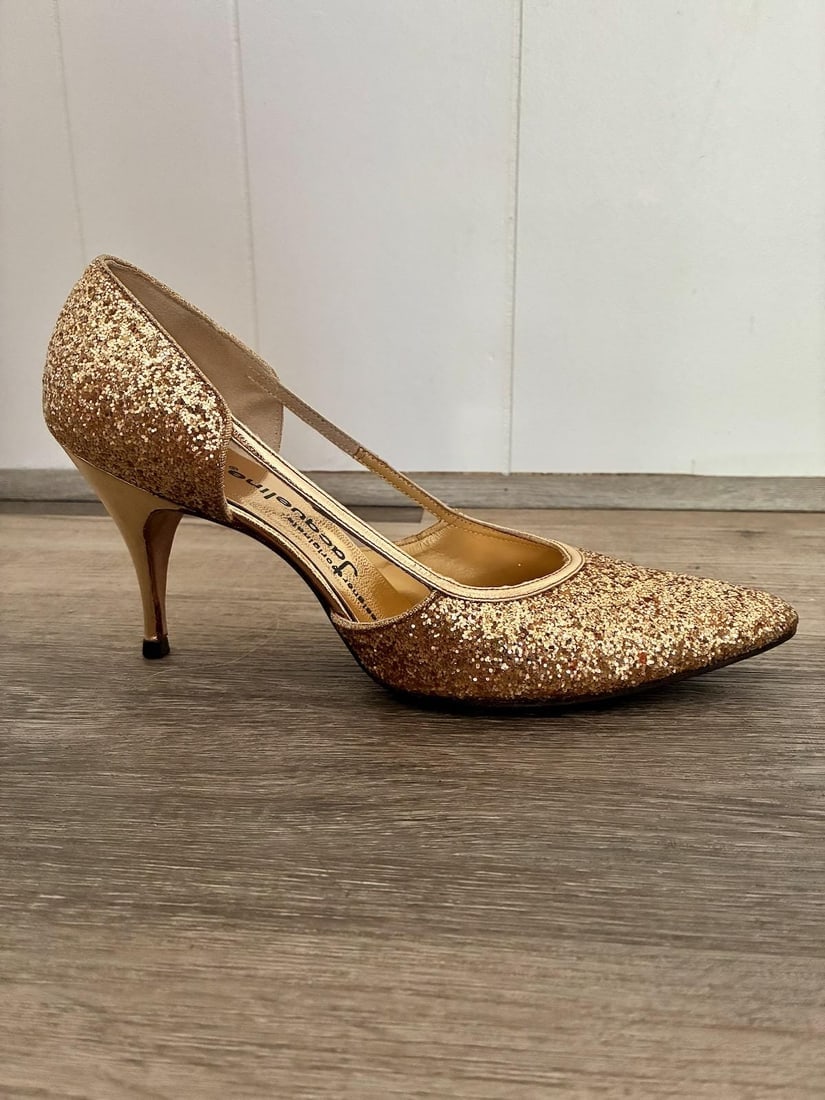 Vintage 1960s Gold Glitter Stiletto Shoes US 7M - 8N - 4