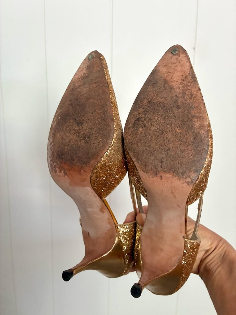 Vintage 1960s Gold Glitter Stiletto Shoes US 7M - 8N - 7