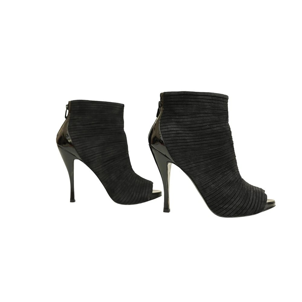 Roger Vivier Black Pleated Suede Zipper Peep Toe Ankle Boots Heel Shoes size 40 - 5