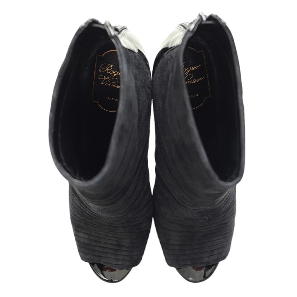 Roger Vivier Black Pleated Suede Zipper Peep Toe Ankle Boots Heel Shoes size 40 - 6