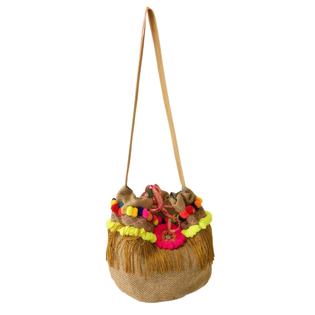 Ruby Yaya Jute & Cotton Fringes Pom Pom Pouch Shoulder Crossbody Bag Summer - 3