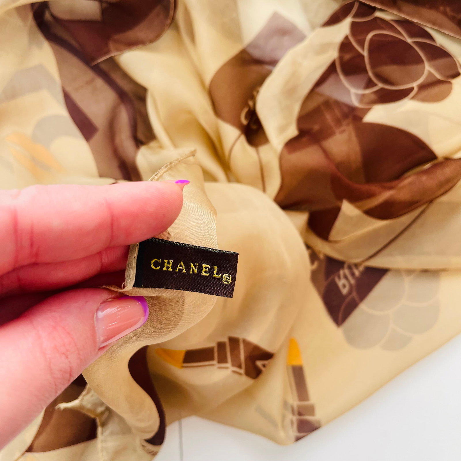 Chanel Brown Printed 100% Silk Scarf - 6