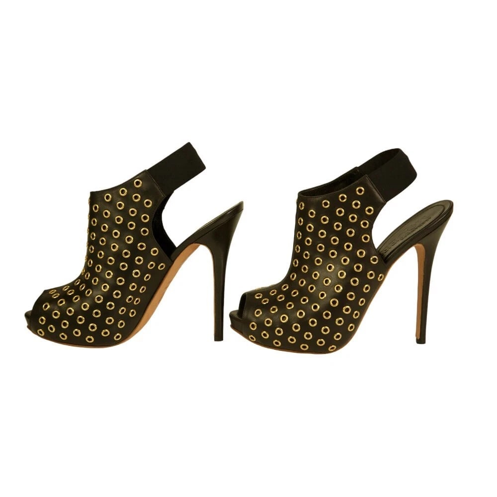 Alexander McQueen Black leather Gold Grommet peep toe ankle boots booties sz 40 - 3