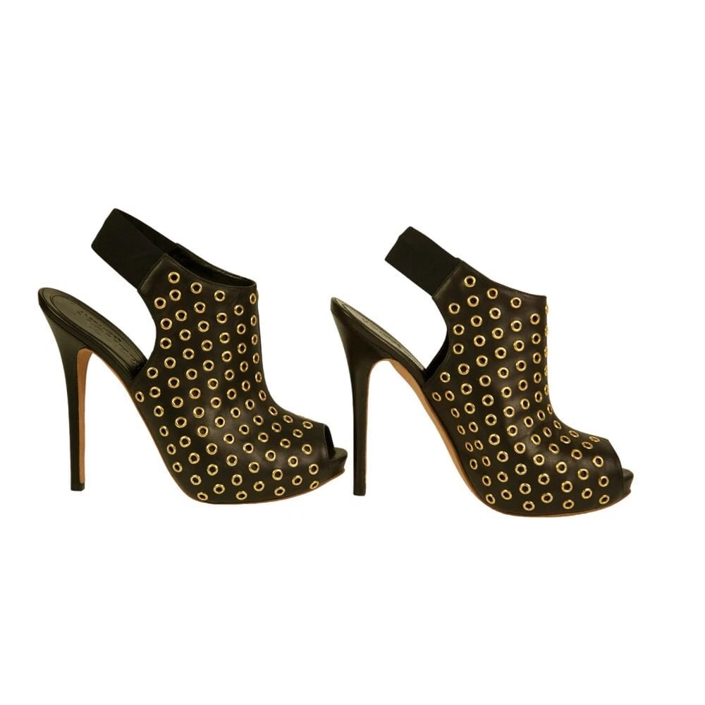 Alexander McQueen Black leather Gold Grommet peep toe ankle boots booties sz 40 - 4