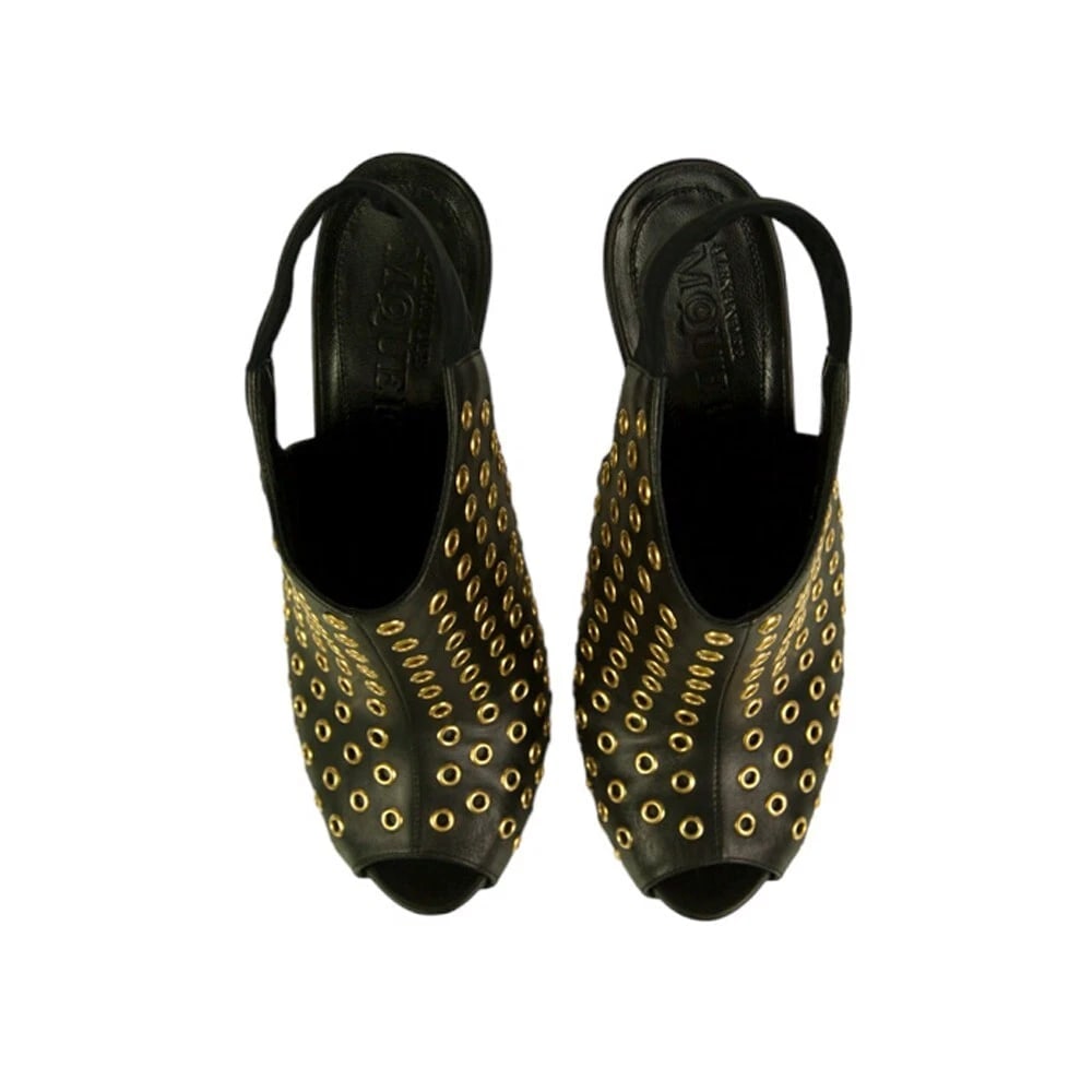 Alexander McQueen Black leather Gold Grommet peep toe ankle boots booties sz 40 - 5