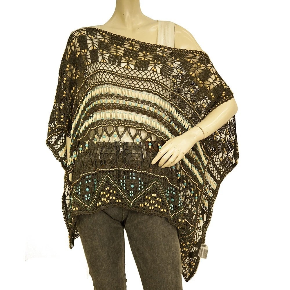 Laurel Brown Cotton Knit Beaded Poncho Cape Cover Up Cardigan size 40 (1 of 7)