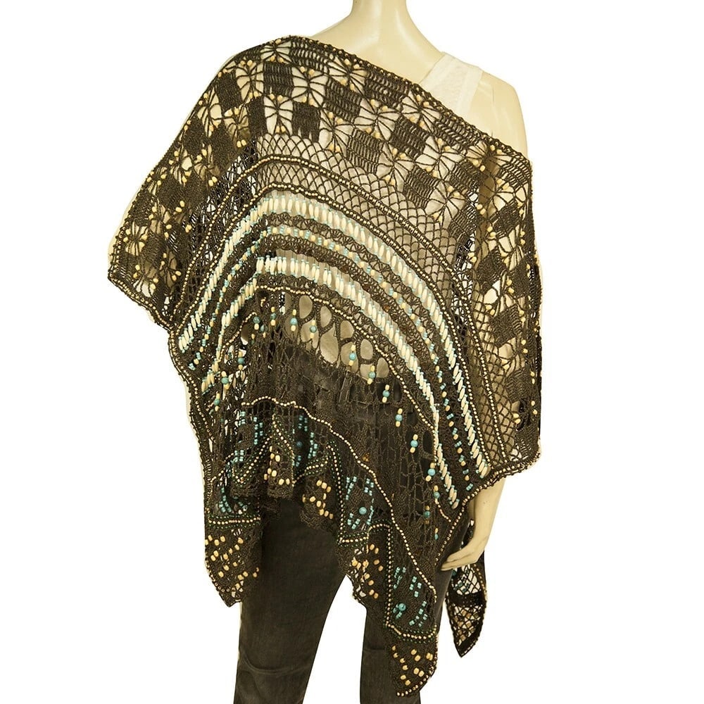 Laurel Brown Cotton Knit Beaded Poncho Cape Cover Up Cardigan size 40 - 2