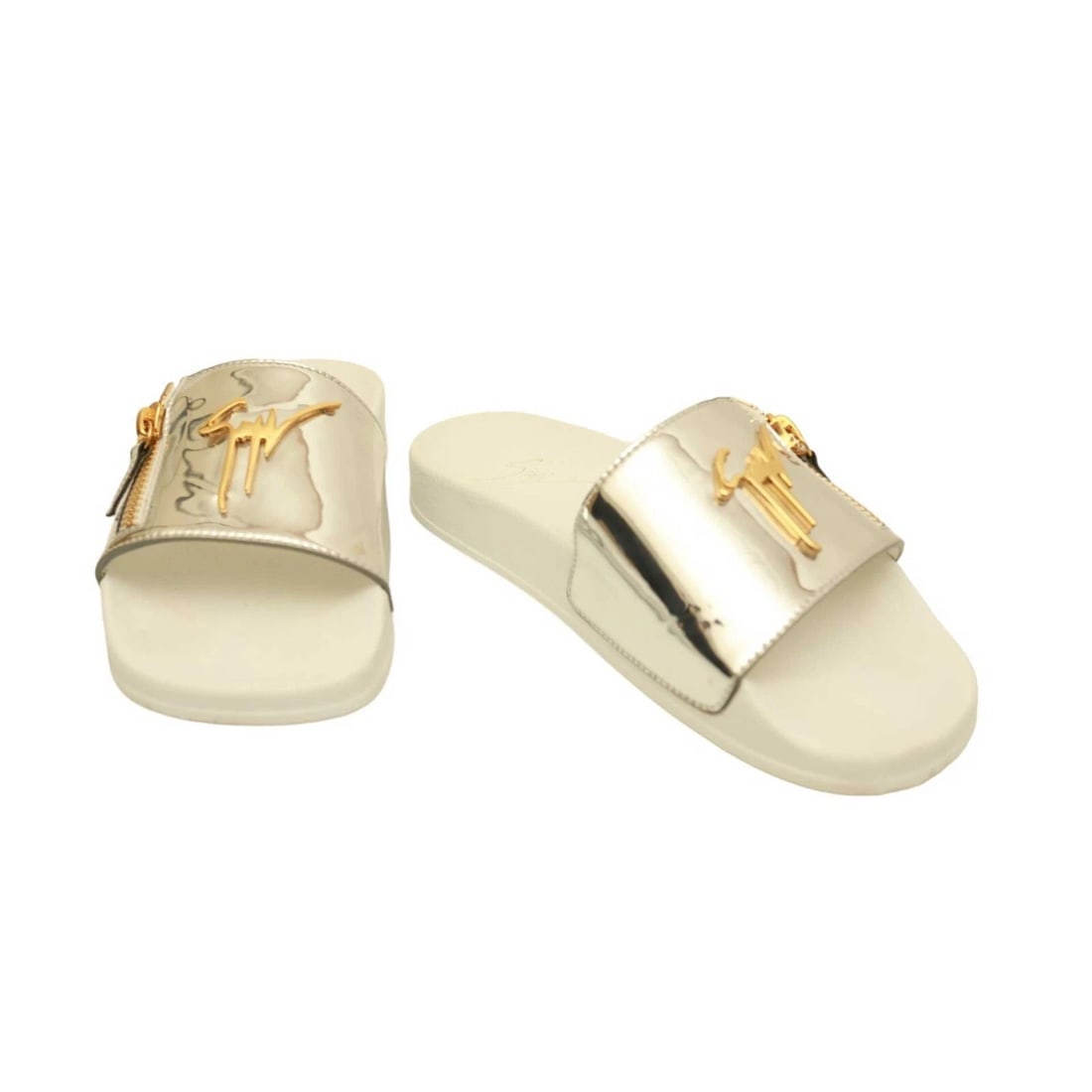 Giuseppe Zanotti Brett Logo Silver Leather Zip Slides Sandals Shoes size 39 (1 of 10)