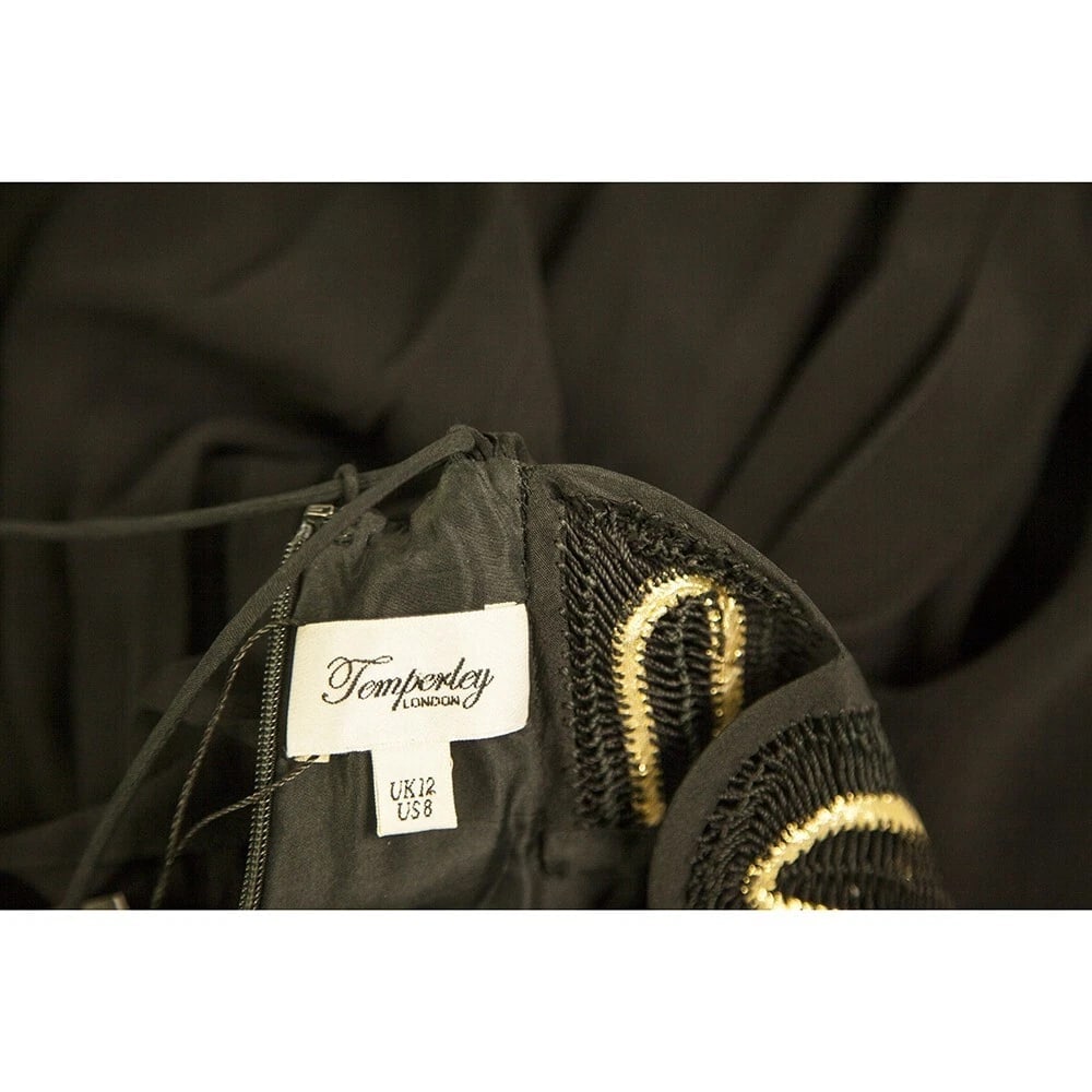 Temperley Black Silk Gold Embroidery Spaghetti Straps Mini Dress size UK 12 - 3
