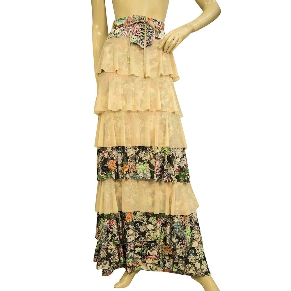 Agua Bendita Beige Tulle Floral Layered Pleated Maxi Long Skirt size 8 (1 of 6)
