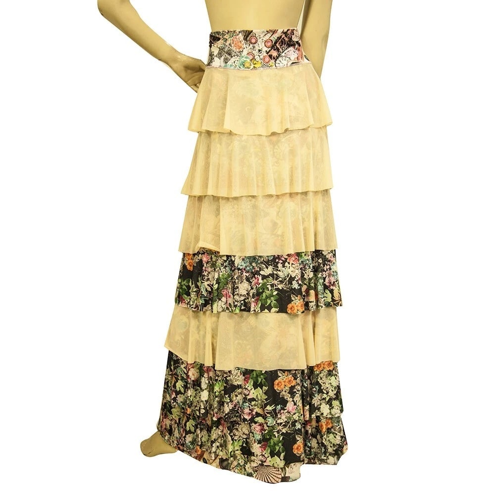 Agua Bendita Beige Tulle Floral Layered Pleated Maxi Long Skirt size 8 - 2