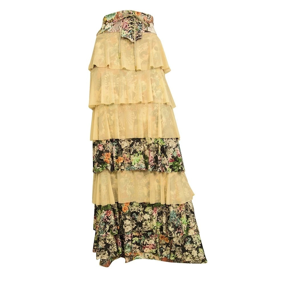 Agua Bendita Beige Tulle Floral Layered Pleated Maxi Long Skirt size 8 - 6