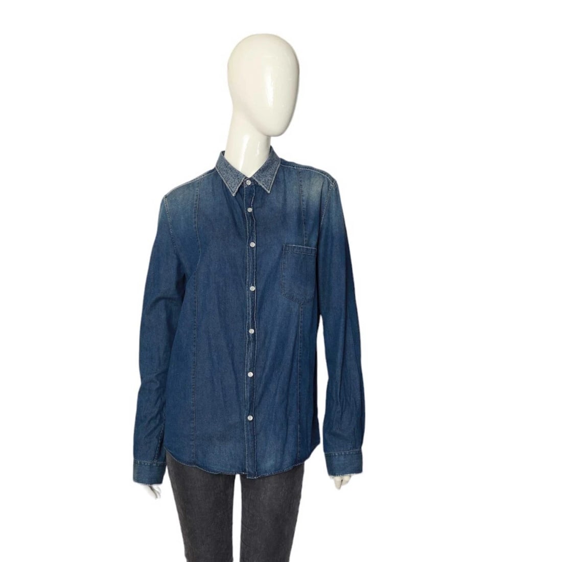 Golden Goose Blue Denim Floral Collar Snap Button Down Distressed Look Shirt - M: Title:Golden Goose Blue Denim Floral Collar Snap Button Down Distressed Look Shirt - M Description:DSquared Blue Denim Woman's Collarless Button Down Distressed Look Shirt - SZ 40 Golden Goose Blue De