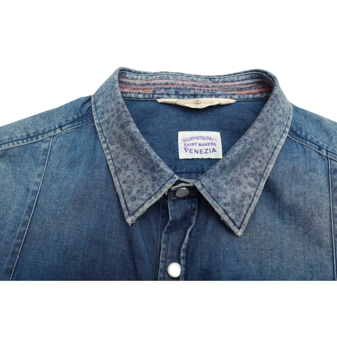 Golden Goose Blue Denim Floral Collar Snap Button Down Distressed Look Shirt - M - 7