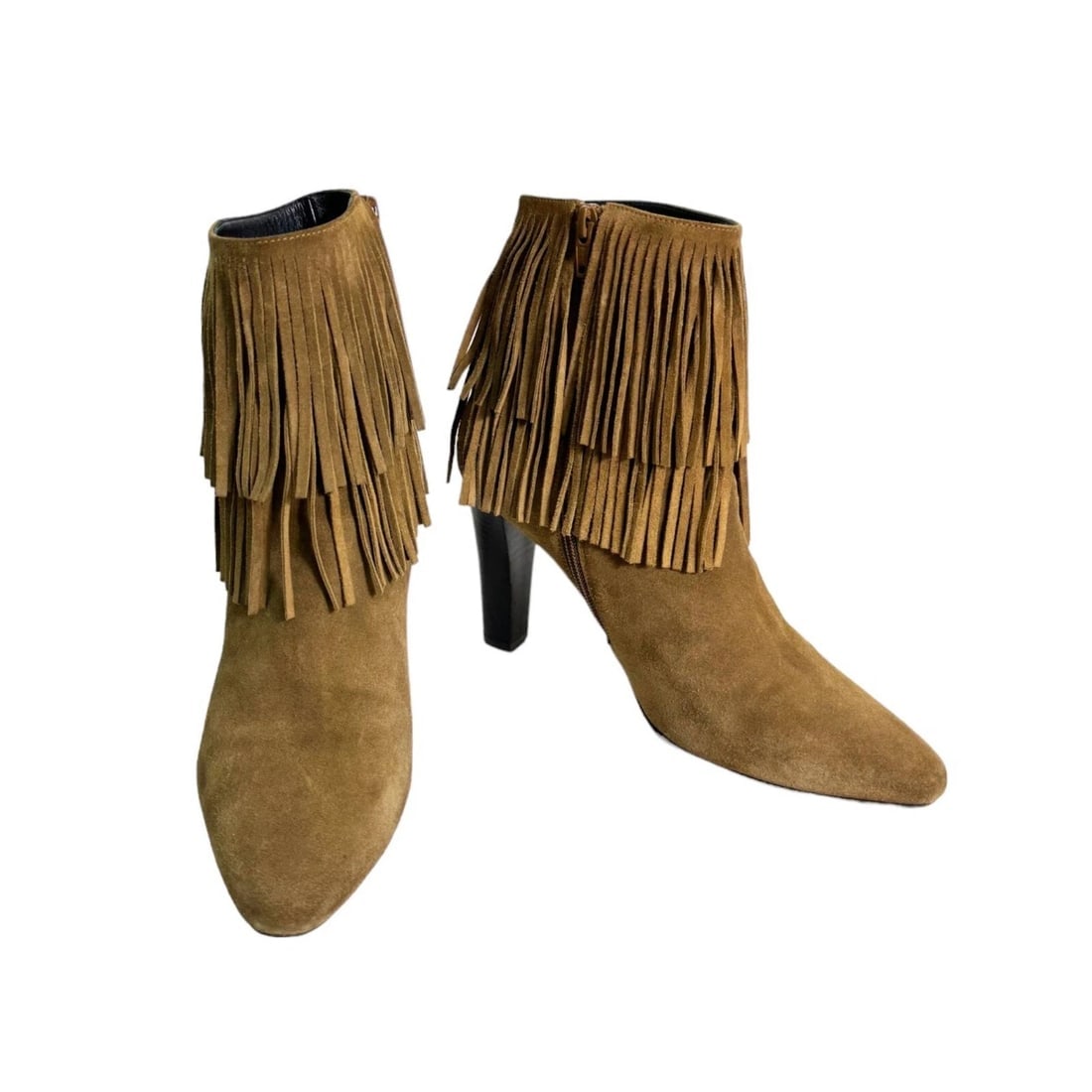 Saint Laurent Beige Suede Fringe High Heels Almond Toe Ankle Booties Shoes 38.5 (1 of 7)