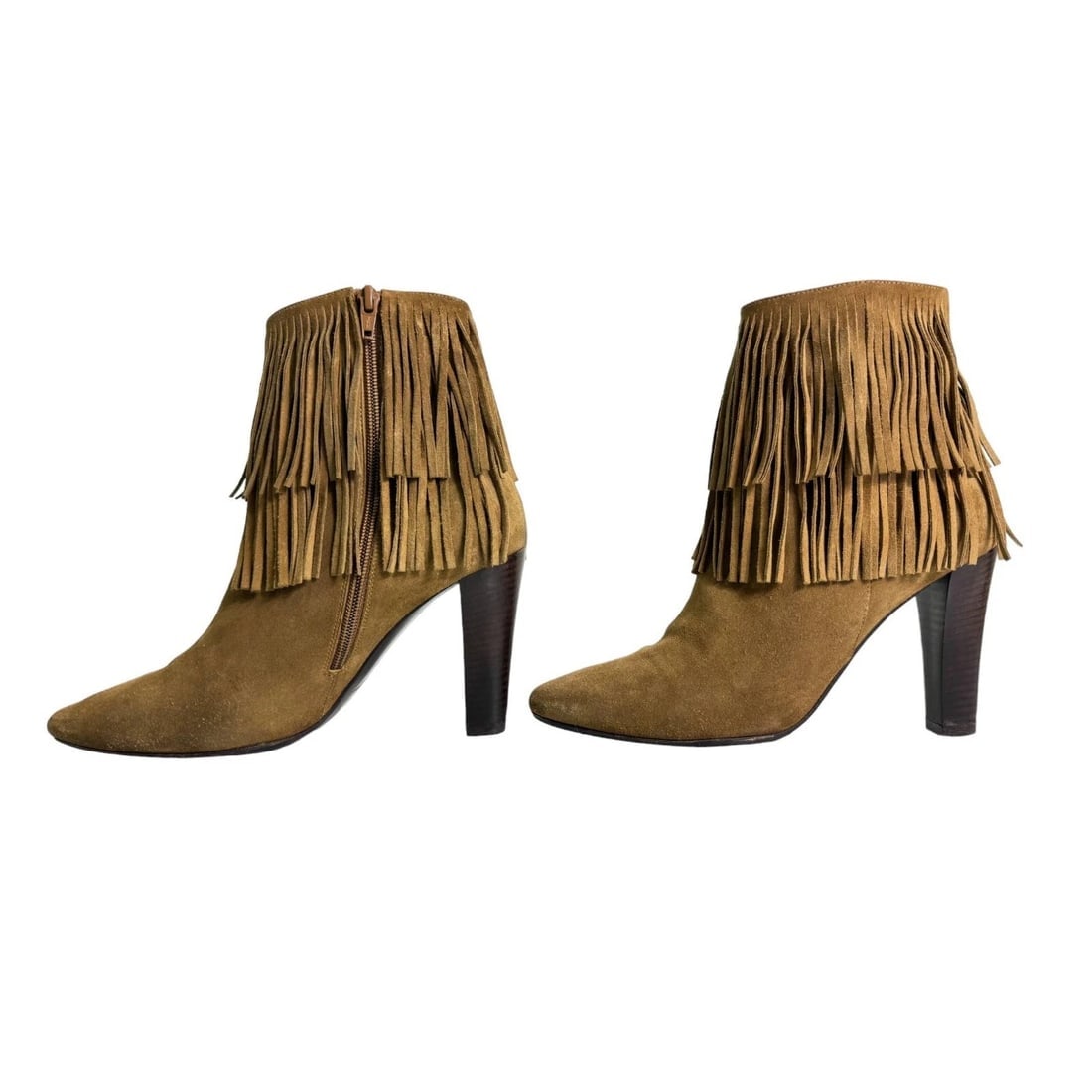 Saint Laurent Beige Suede Fringe High Heels Almond Toe Ankle Booties Shoes 38.5 - 4
