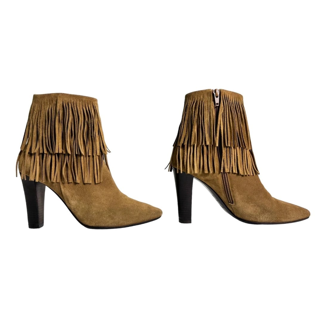Saint Laurent Beige Suede Fringe High Heels Almond Toe Ankle Booties Shoes 38.5 - 5