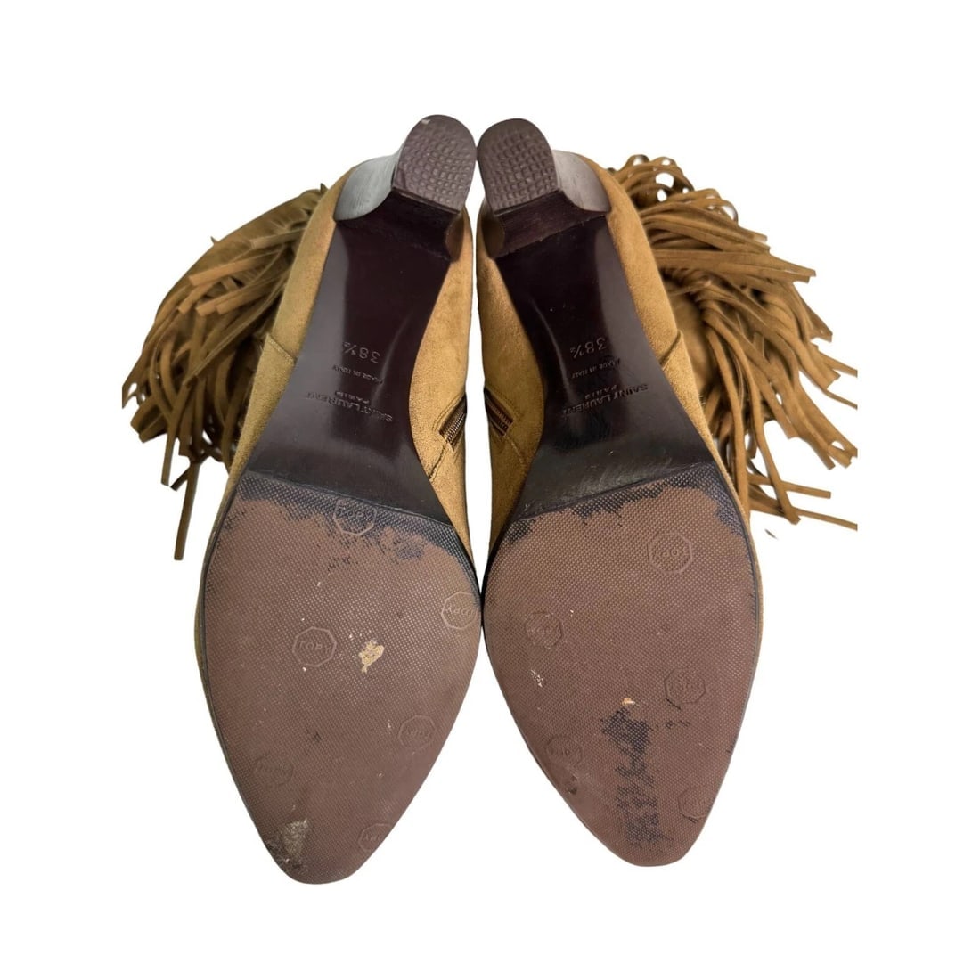 Saint Laurent Beige Suede Fringe High Heels Almond Toe Ankle Booties Shoes 38.5 - 6