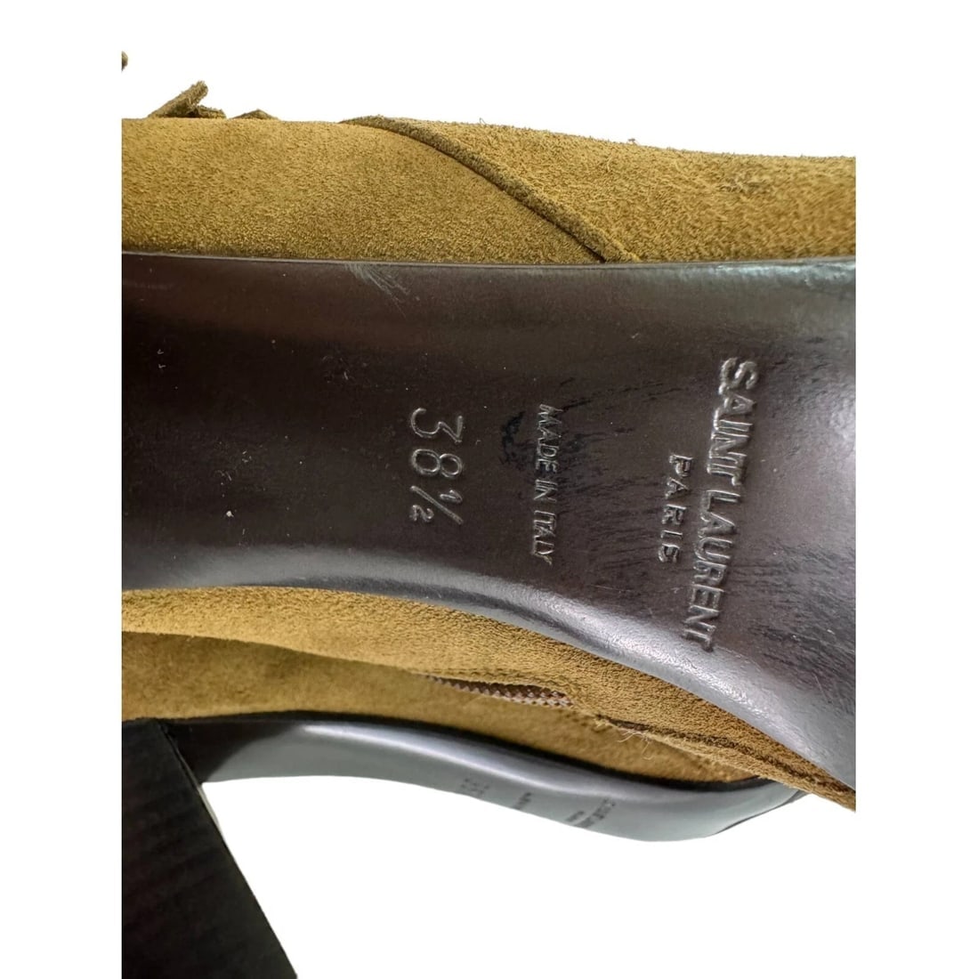 Saint Laurent Beige Suede Fringe High Heels Almond Toe Ankle Booties Shoes 38.5 - 7
