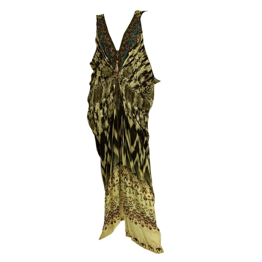 Camilla Ethnic Print Beaded 100% Silk Sleeveless Long Summer Caftan dress - 10