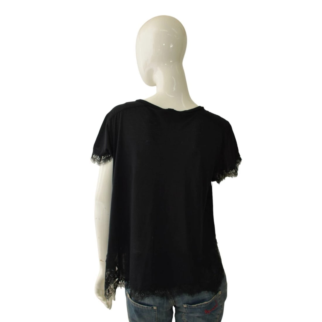 Helmut Lang Black w. Lace Trimming Short Sleeve V Neckline T-shirt Blouse Top M - 2