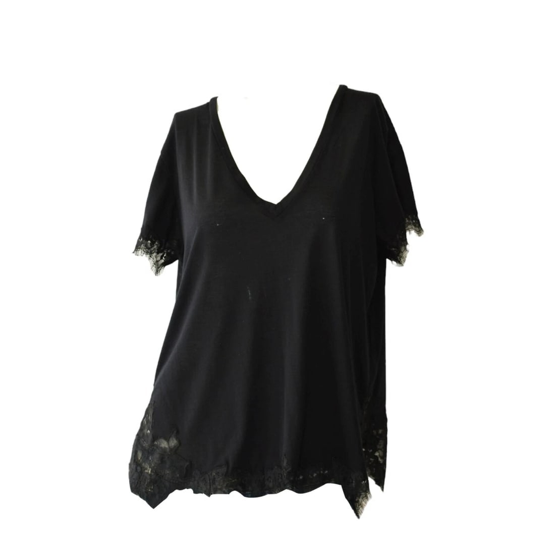 Helmut Lang Black w. Lace Trimming Short Sleeve V Neckline T-shirt Blouse Top M - 3